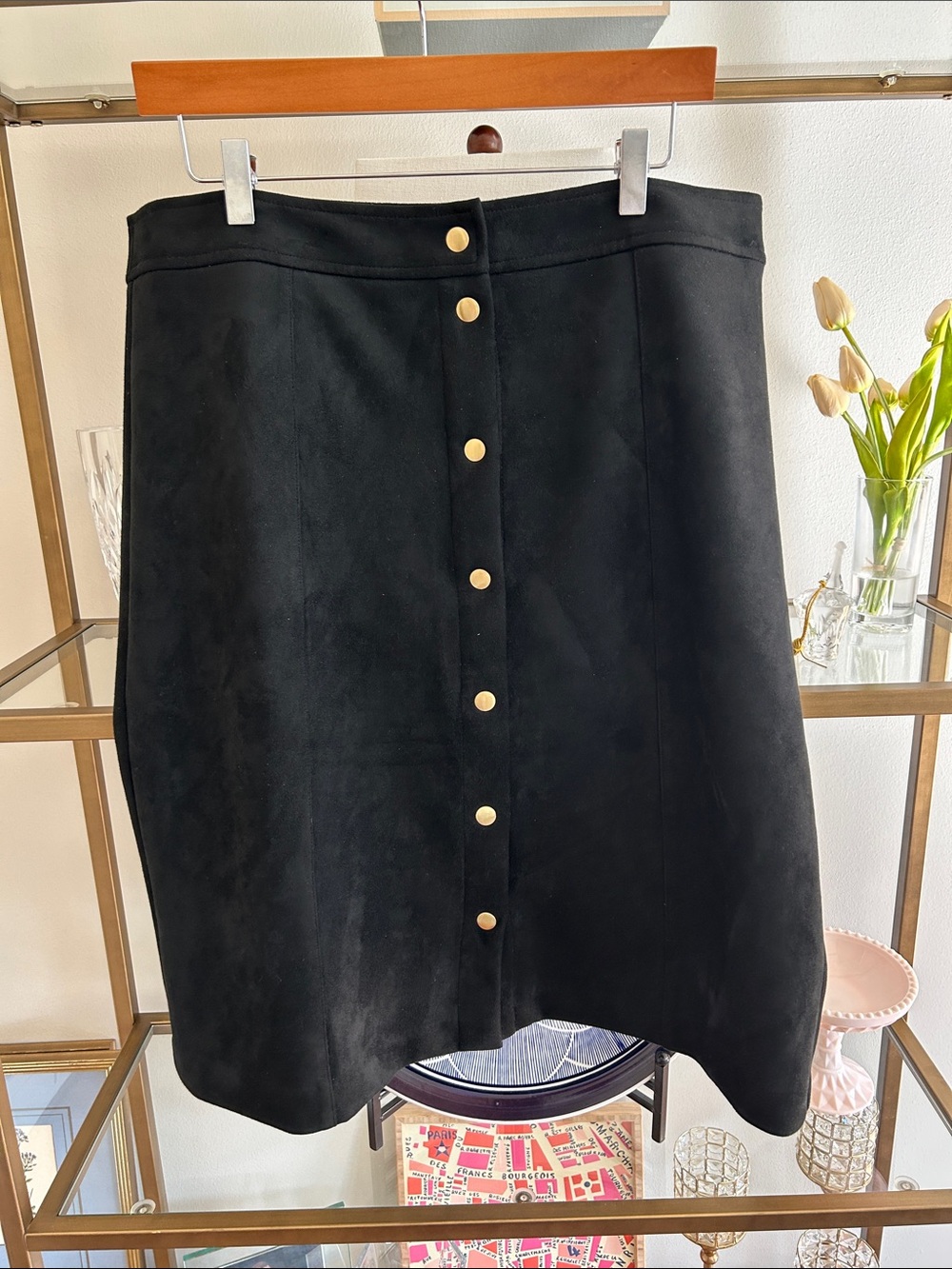 LOFT Black A-Line Faux Suede Skirt with Gold Snap Front